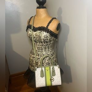 Michael Kors Eva Mini Tote White with Green Stripe